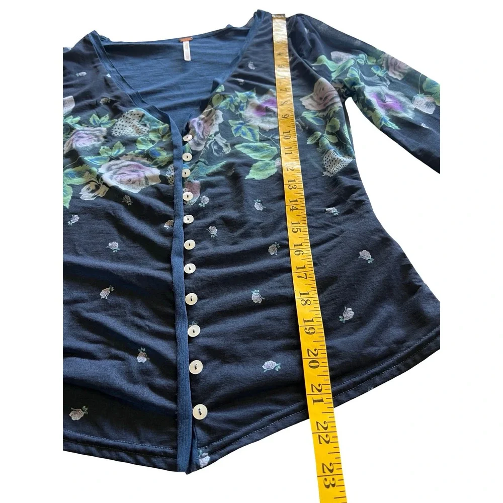 Free People Navy Home Grown Cardi Floral Strawberry Mesh Button-Front XS Top
